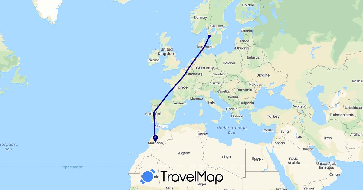 TravelMap itinerary: driving in Denmark, France, Morocco, Portugal, Sweden (Africa, Europe)